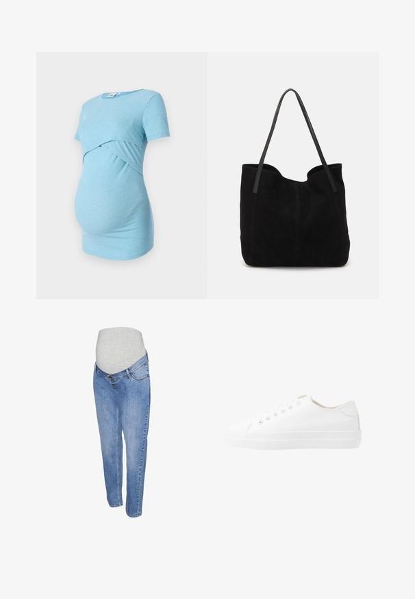 Lichtblauw geribbeld zwangerschaps-topje met korte mouwen en een crossover-ontwerp bij de taille, ontworpen voor comfort en rekbaarheid.; Zwangerschapsjeans van lichtblauwe denimstof, met een rechte pasvorm en een grijze elastische buikband voor extra comfort.; Witte canvas sneakers met een laag ontwerp, ronde neus, zes veteropeningen en een gestructureerde rubberen zool. Gladde materialen met minimale accenten.; Zwarte suede tote bag met twee lange, platte leren handvatten. Heeft een gebogen bovenrand en zichtbare stiksels aan de voorkant. Geen hardware-accenten.