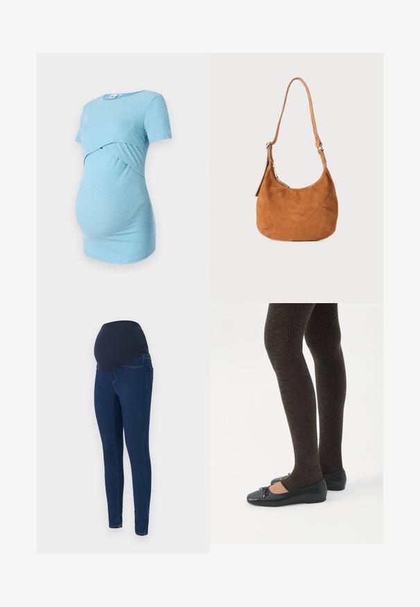 Top de maternidad azul claro con franjas y mangas cortas, con un diseño cruzado en la cintura, diseñado para la comodidad y la elasticidad.; Jeans de maternidad en denim azul oscuro, con una cinturilla elástica oscura y un diseño ajustado con bolsillos.; Piernas con leggings oscuros acanalados combinados con bailarinas negras que presentan pequeños detalles de lazo sobre un fondo blanco.; Bolso de hombro de ante marrón claro con un diseño curvado, correa ajustable, cremallera metálica y detalle de logo en relieve en la parte frontal.