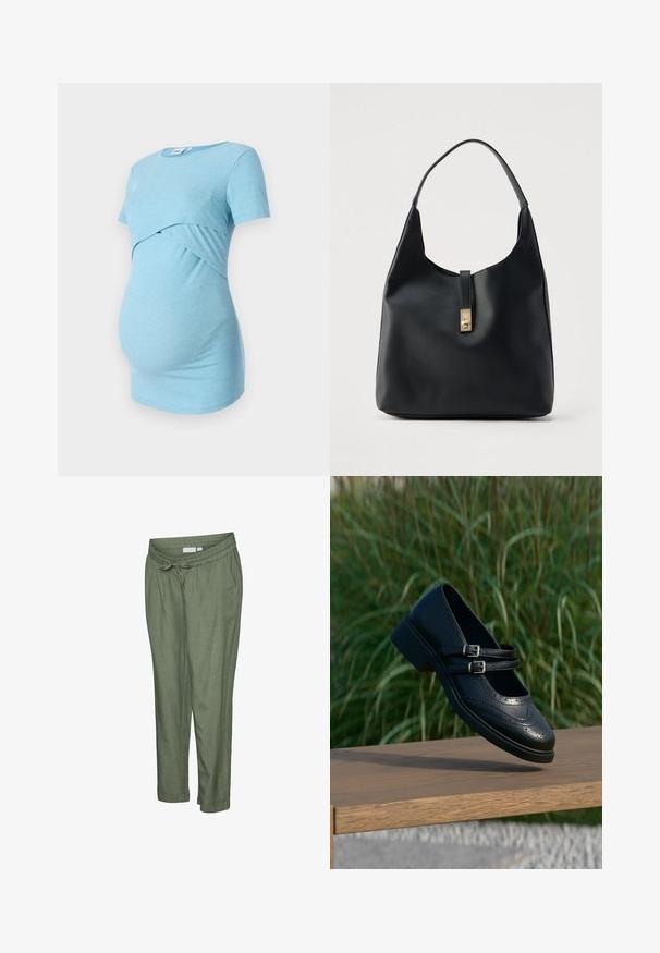 Un haut de maternité bleu clair à côtes avec des manches courtes et un design croisé à la taille, conçu pour le confort et l'élasticité.; Pantalon léger de couleur vert olive avec une coupe décontractée. Caractérisé par une taille élastique avec cordon de serrage, des ourlets retroussés et des poches latérales.; Chaussure Mary Jane en cuir noir avec doubles brides bouclées et détails brogue, flottant au-dessus d'un banc en bois avec en arrière-plan de l'herbe verte.; Sac hobo en cuir noir à finition texturée, doté d'un fermoir doré et d'une anse incurvée unique pour un port à l'épaule.