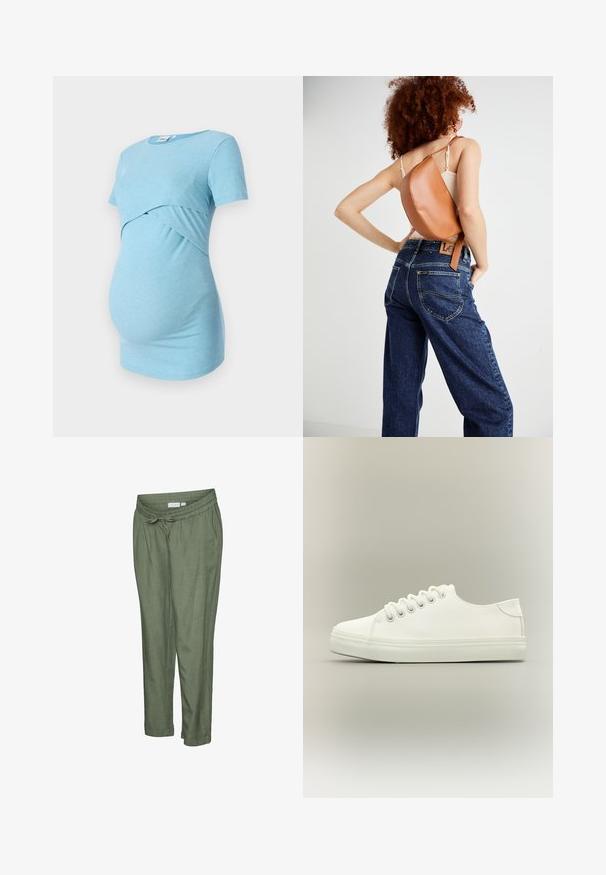 Un haut de maternité bleu clair à côtes avec des manches courtes et un design croisé à la taille, conçu pour le confort et l'élasticité.; Pantalon léger de couleur vert olive avec une coupe décontractée. Caractérisé par une taille élastique avec cordon de serrage, des ourlets retroussés et des poches latérales.; Baskets basses blanches avec lacets blancs et semelle en caoutchouc, vues de côté sur un fond neutre.; Sac à dos en cuir marron avec un design incurvé unique. Porté en diagonale, associé à un jean en denim bleu taille haute avec des coutures jaunes.