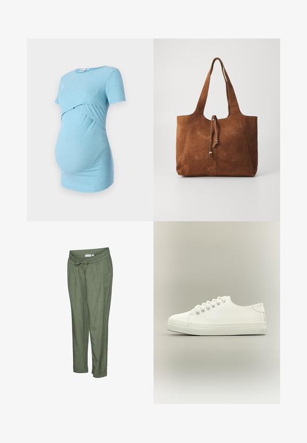 Un haut de maternité bleu clair à côtes avec des manches courtes et un design croisé à la taille, conçu pour le confort et l'élasticité.; Pantalon léger de couleur vert olive avec une coupe décontractée. Caractérisé par une taille élastique avec cordon de serrage, des ourlets retroussés et des poches latérales.; Baskets basses blanches avec lacets blancs et semelle en caoutchouc, vues de côté sur un fond neutre.; Sac fourre-tout en daim marron avec deux longues poignées, fermeture à cordon et texture lisse. Présente un design simple et des accents minimaux.