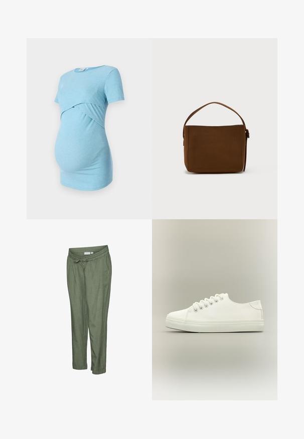 Un haut de maternité bleu clair à côtes avec des manches courtes et un design croisé à la taille, conçu pour le confort et l'élasticité.; Pantalon léger de couleur vert olive avec une coupe décontractée. Caractérisé par une taille élastique avec cordon de serrage, des ourlets retroussés et des poches latérales.; Baskets basses blanches avec lacets blancs et semelle en caoutchouc, vues de côté sur un fond neutre.; Sac à épaule rectangulaire marron avec une large bandoulière et un détail de boucle, sur un fond blanc uni.