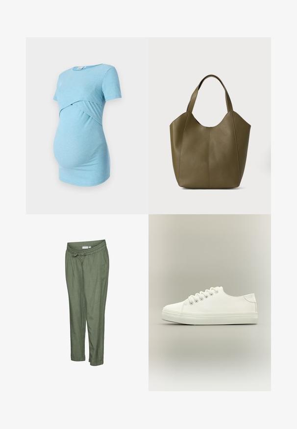 Un haut de maternité bleu clair à côtes avec des manches courtes et un design croisé à la taille, conçu pour le confort et l'élasticité.; Pantalon léger de couleur vert olive avec une coupe décontractée. Caractérisé par une taille élastique avec cordon de serrage, des ourlets retroussés et des poches latérales.; Baskets basses blanches avec lacets blancs et semelle en caoutchouc, vues de côté sur un fond neutre.; Sac fourre-tout en cuir vert olive avec double poignée, texture lisse et design à quatre panneaux. Coutures renforcées le long des joints pour plus de durabilité.
