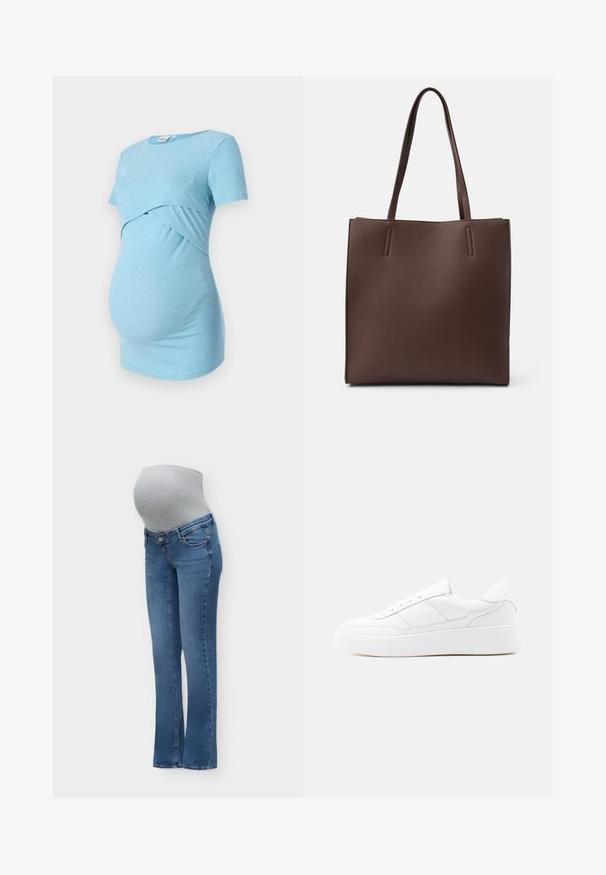 Un haut de maternité bleu clair à côtes avec des manches courtes et un design croisé à la taille, conçu pour le confort et l'élasticité.; Jean de maternité bleu avec un panneau ventral extensible gris conçu pour s'adapter sur un ventre de femme enceinte pour le confort et le soutien.; Baskets basses blanches avec semelle épaisse, design à lacets et détails de couture subtils sur un fond clair uni.; Sac à main en cuir marron avec deux longues anses, présentant une forme rectangulaire, une texture lisse et un design minimaliste sans matériel supplémentaire.
