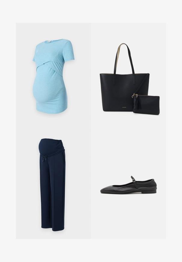 Top de maternidad azul claro con franjas y mangas cortas, con un diseño cruzado en la cintura, diseñado para la comodidad y la elasticidad.; Pantalones de maternidad de color navy, confeccionados en una tela suave, con una cinturilla elástica y cordón ajustable, y con dos bolsillos laterales para mayor comodidad.; Bailarinas de cuero negro con punta redonda, escote estrecho y una pequeña correa en el tobillo con una hebilla circular. Suela baja y plana.; Bolsa tote negra con material texturizado, dos asas largas y un bolso con cremallera removible que cuenta con un detalle de borlas. Logo de la marca en dorado visible.