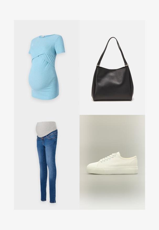 Top de maternidad azul claro con franjas y mangas cortas, con un diseño cruzado en la cintura, diseñado para la comodidad y la elasticidad.; Jeans de maternidad en denim azul con un corte ajustado. Cuenta con un panel de estiramiento gris para mayor comodidad. Diseño clásico de cinco bolsillos con un ligero desvanecimiento.; Zapatilla blanca de lona de perfil bajo con cierre de cordones en la parte delantera y suela gruesa de goma texturizada sobre fondo neutro.; Bolso de mano de cuero sintético negro con una textura suave, forma de hobo y doble asa; presenta un acabado brillante y un diseño minimalista.