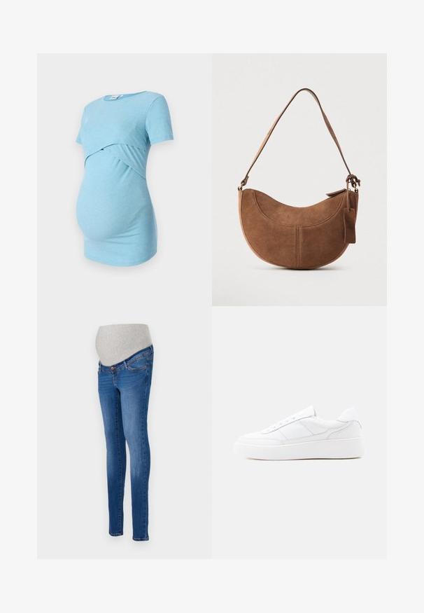 Top de maternidad azul claro con franjas y mangas cortas, con un diseño cruzado en la cintura, diseñado para la comodidad y la elasticidad.; Jeans de maternidad en denim azul con un corte ajustado. Cuenta con un panel de estiramiento gris para mayor comodidad. Diseño clásico de cinco bolsillos con un ligero desvanecimiento.; Zapatilla blanca de corte bajo con suela gruesa, diseño con cordones y detalles de costura sutiles sobre un fondo claro y uniforme.; Bolso de ante marrón con forma curva de media luna. Cuenta con una correa para el hombro, una pequeña etiqueta y costuras visibles a lo largo de los bordes.