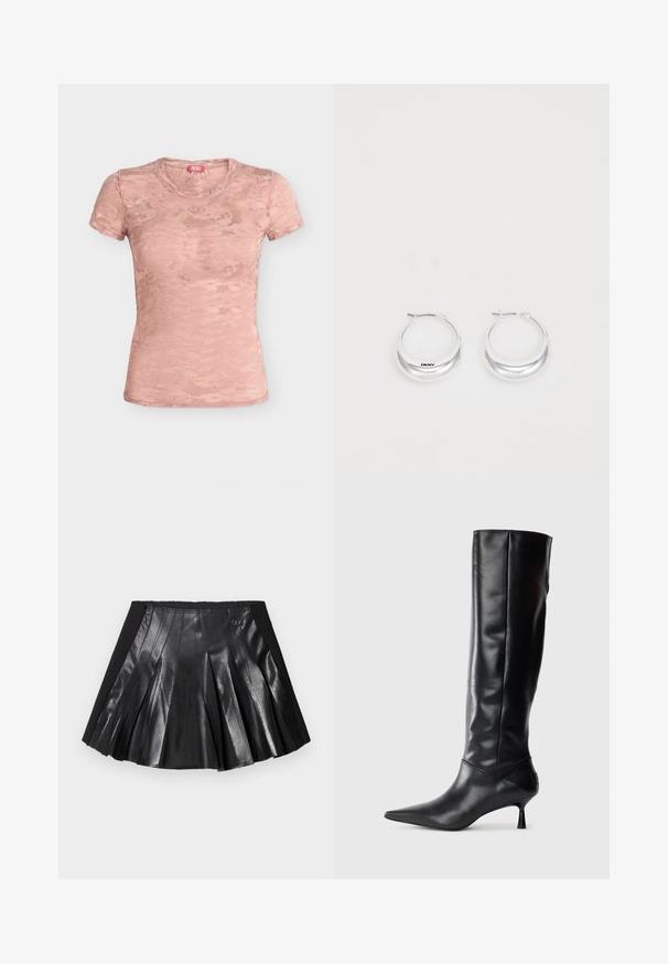 Camiseta de encaje rosa entallada de manga corta con discreto estampado floral, cuello redondo y pequeño logo de Diesel bajo el cuello.; Falda negra plisada con frente de cuero brillante y cinturilla negra sólida con un pequeño detalle metálico. Paneles de cuero texturizado que realzan el diseño.; Bota de cuero negra hasta la rodilla con punta afilada y tacón delgado curvado. Textura suave, diseño ajustado y sin hardware ni patrones visibles.; Pendientes de aro de plata con un acabado pulido y la marca DKNY, exhibidos sobre un fondo blanco liso.