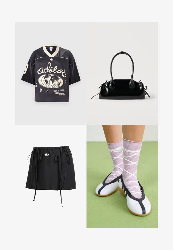 Zwart sportshirt van mesh-stof met een losse pasvorm, met crèmekleurige accenten, een V-hals en afbeeldingen waaronder een wereldbol en sterren.; Zwarte sport rok met verstelbare trekkoorden, met een klein wit logo aan de voorkant. Gemaakt van lichtgewicht stof met een zachte textuur.; Benen met geribbelde lavendelkleurige sokken met witte kruisbanden, gecombineerd met witte ballerina's met zwarte bies op een groene vloer.; Kleine zwarte glanzende handtas met twee lange hengsels en zijkant trekkoord details op een effen lichte achtergrond.
