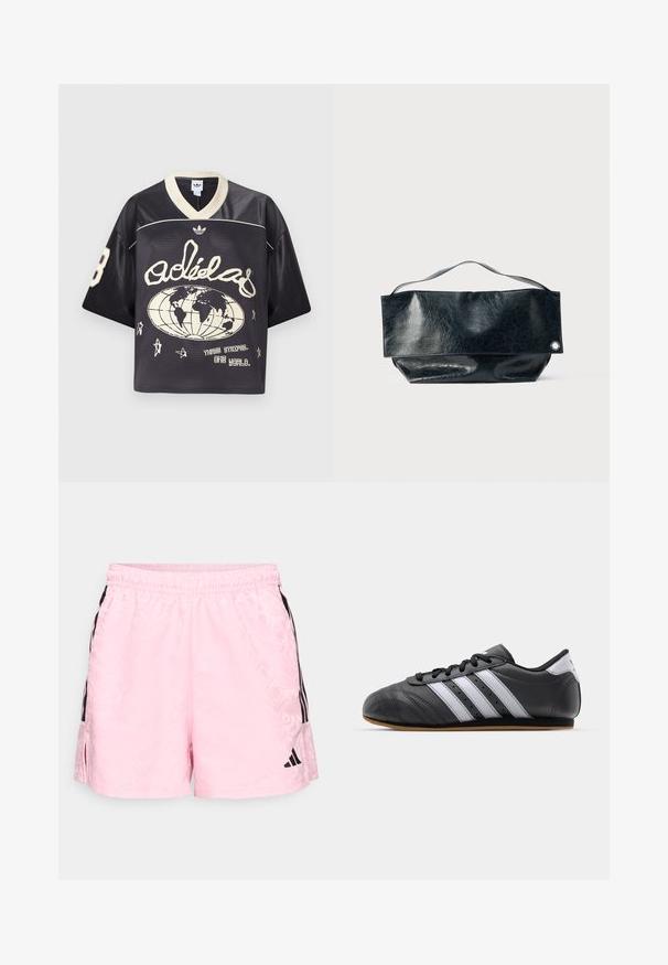 Musta verkkomainen urheilupaita väljässä istuvuudessa, jossa on kermaisia yksityiskohtia, V-kaula-aukko ja kuvituksena maapallo sekä tähtiä.; adidas Sportswear TIRO - Urheilushortsit - true pink/black; Musta nahkakenkä urheilumalli valkoisilla raidoilla, pyöreällä varvalla, tasapohjalla ja nauhakohdistuksella. Varustettu rei'ityksillä hengittävyyden parantamiseksi.; Musta nahkalaukku, jossa on teksturoitu pinta, suorakulmainen muotoilu, taitettava läppä ja pieni metallikoriste.