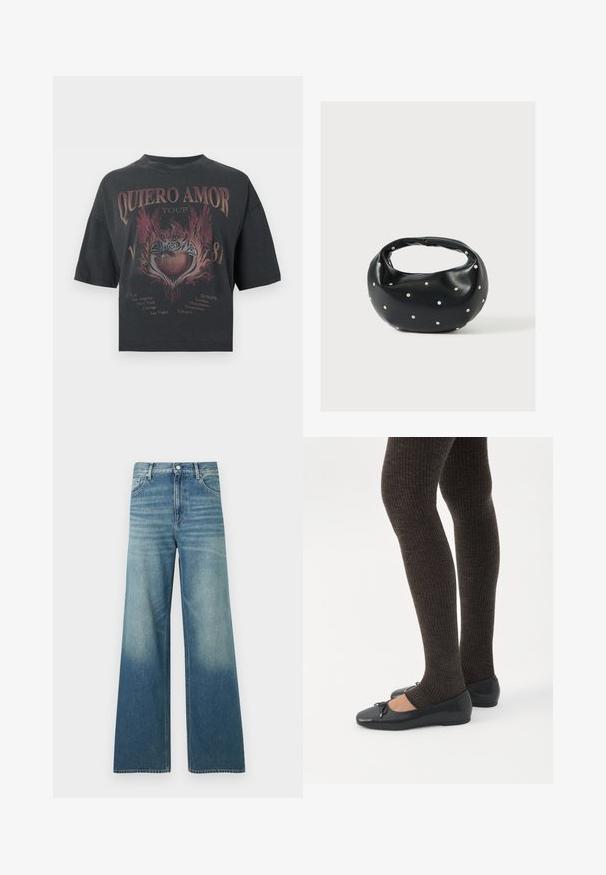 T-shirt court noir avec le texte "Quero Amor Tour", graphique de cœur en flammes et noms de villes des États-Unis et d’Europe imprimés en tons rouges et beiges délavés.; Jean en denim bleu taille haute avec une coupe large, poches avant, fermeture par boutons et détails délavés sur les cuisses et le bas des jambes.; Jambes portant des leggings côtelés foncés associés à des ballerines noires avec de petits détails en nœud sur fond blanc.; Sac à main en cuir noir de forme arrondie, décoré de clous argentés et équipé d'une poignée courte. Texture lisse et fermeture éclair.