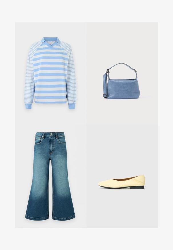 Polo à manches longues rayé bleu clair et blanc avec un col en V, doté d'un col côtelé et de poignets élastiques. Design simple et matière en coton.; Jean en denim bleu à jambes larges avec taille haute, boutons à l'avant, passants pour ceinture et détails délavés sur les cuisses et le bas des jambes.; Chaussure plate jaune avec une finition en cuir lisse, bout pointu et petit talon noir. Design minimaliste avec des détails de coutures discrètes.; Sac à main bleu clair embossé façon crocodile avec une poignée courte et une bandoulière amovible. Texture lisse avec une fermeture éclair.