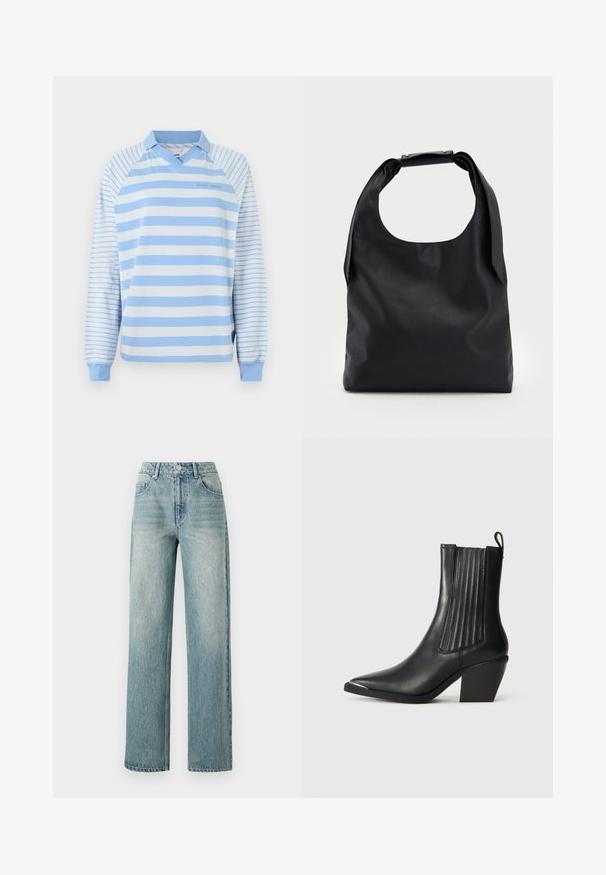 Lyseblå og hvide stribede langærmede poloshirt med V-hals, med ribbet krave og elastiske manchetter. Simpelt design og bomuldsmateriale.; Copenhagen Muse JEANNE PANTS - Jeans Relaxed Fit - medium dirty washed denim; Sort læder ankelstøvle med spids tå, ribbede sidepaneler og en kraftig hæl, placeret på en struktureret fliseoverflade.; Sort læderhåndtaske med en stor åben top og en enkelt skulderrem. Blød tekstur, minimalistisk design, indeholder diskrete metalaccenter.