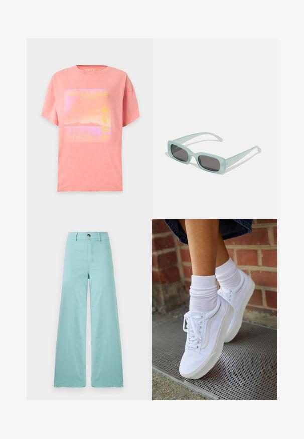 Pink T-shirt med korte ærmer med en solnedgangsgrafik, der viser bjerge, en sol, blomster og ordet "PARADISE" i gule bogstaver.; Bredde bukser lavet af lyseblå stof med en frynset kant. Har en knaplukning og standard lommer. Glat tekstur hele vejen igennem.; Hvide lærreds sneakers med gummisåler, der har seks snørehuller, rund tå og let sømdetaljer, krydret med hvide ankelstrømper.; Et par rektangulære solbriller med lyseblå gennemsigtige stel og mørkegrå linser, der har lige templer og minimale hardware detaljer.