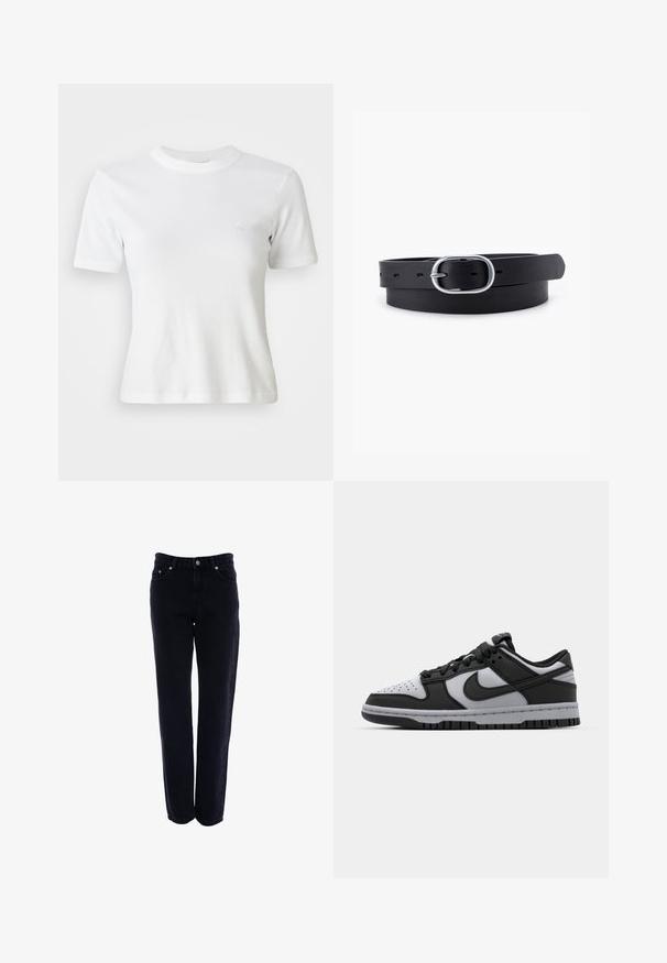 T-shirt blance à manches courtes en côte, avec un col rond et un petit logo sur la poitrine. Fabriqué en tissu doux avec une coupe ajustée.; Jean en denim noir avec une coupe droite, style cinq poches et fermeture à bouton. Le matériau est robuste avec une texture lisse.; Baskets basses Nike Dunk noires et grises avec un bout perforé, des accents en cuir lisse et une semelle en caoutchouc avec un motif de traction texturé.; Ceinture en cuir noir au toucher lisse, boucle en métal argenté de forme ovale et plusieurs trous d'ajustement le long de la sangle. Design plat et minimal.