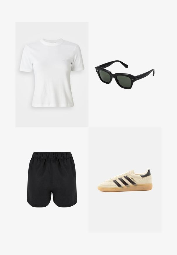 Hvid ribbet kortærmet T-shirt med rund halsudskæring og et lille logo på brystet. Lavet af blødt stof med en tætsiddende pasform.; Sorte shorts med elastisk talje. Blødt stof, enkelt design og let afrundet kant nederst. Ingen synlige mønstre eller logoer.; Kremfarvet ruskindssneaker med sorte striber, gummisål, sort hælstrop og gyldent "SPEZIAL"-tekst på siden.; Sorte firkantede solbriller med mørkegrønne linser, der har kraftige stel og sølvdetaljer på siderne. Fremstillet i Italien.