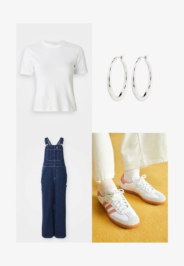 Weiße, gerippte Kurzarm-T-Shirt mit Rundhalsausschnitt und kleinem Logo auf der Brust. Aus weichem Stoff gefertigt mit taillierter Passform.; Jeans-Overalls in Dunkelblau, mit verstellbaren Trägern, Brusttasche, Seitentaschen und einer lockeren, weiten Passform. Klassische Nähdetails.; Weiße Sportschuhe mit pinken Akzenten, aus Wildleder und Leder, runde Zehenform und Gummisohle, dargestellt mit hellen Socken vor einem gelben Hintergrund.; Silberne Creolen mit einer glatten, glänzenden Oberfläche. Kreisform, ausgestattet mit einem sicheren Verschluss. Einfaches und elegantes Design.