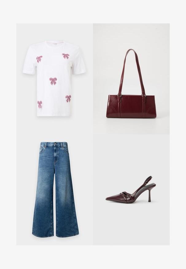 Hvid t-shirt med korte ærmer og fem lyserøde palietbuer placeret på forsiden og ærmerne.; Bredde denim jeans i mellemblå med et klassisk fem-lomme design, knaplukning og let falmning for ekstra tekstur.; Bourgogne laklæder slingback-hæl med spids tå, tynd ankelrem og lille dekorativ spænde. Glat tekstur og høj hæl.; Bordeaux håndtaske lavet af glansfuldt materiale, rektangulær form, med to skulderremme og subtile buede detaljer på forsiden.