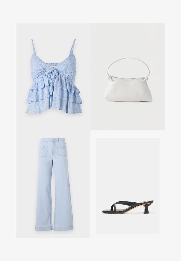 Camisole bleue clair à motifs avec des bretelles spaghetti ajustables, featuring un corsage froncé et un design à volants en couches. Tissu doux.; Jean large en denim bleu clair, avec une taille haute, de grandes poches avant et des accents métalliques sur les poches arrière.; Sandale à talon en cuir noir avec lanière en forme de tongs et talon kitten incurvé unique sur fond neutre.; Sac à main en cuir tressé blanc avec poignée arrondie et extrémités de lanière nouées, présenté sur un fond uni.