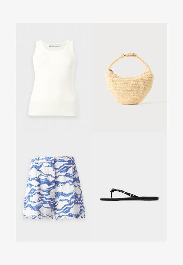 Débardeur blanc côtelé sans manches avec encolure ronde, coupe ajustée, et étiquette de la marque à l'intérieur du col arrière.; Shorts blancs avec un motif de vagues bleues, ourlet en forme de coquille, tissu léger, devant plissé et coupe décontractée. Idéal pour une tenue décontractée.; Sandale plate noire en forme de tongs avec plusieurs fines lanières et une petite déco dorée en forme de larme sur la lanière avant.; Sac à main beige tissé avec corps arrondi, fermeture éclair et une sangle courte et épaisse dans un style crochet simple et texturé.