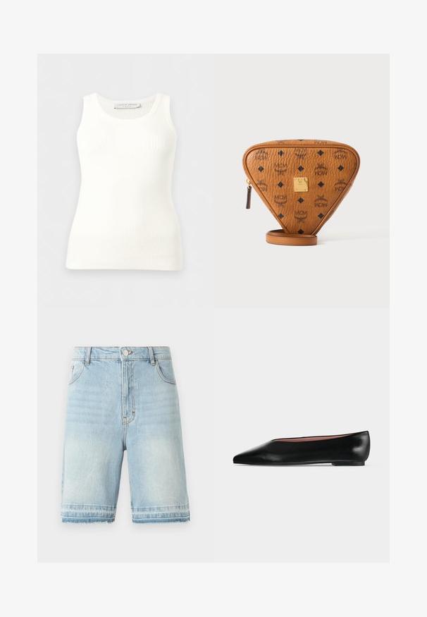 Witte geribbelde mouwloze tanktop met ronde hals, aansluitende pasvorm en merkembleem aan de binnenkant van de achterkant van de kraag.; Lichtblauwe denimshorts met een rafelige zoom, vijf zakken, en een standaard tailleband met knoopsluiting. Subtiele vervaging overal.; Zwarte leren damesschoen met platte zool, puntige neus en lage hak, zijwaarts afgebeeld tegen een effen lichtgrijze achtergrond.; Bruine driehoekige leren crossbodytas met zwarte MCM-logo's, gouden metalen merkplaatje en een ritssluiting op een witte achtergrond.
