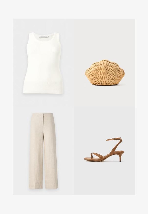 Camiseta sin mangas blanca acanalada con cuello redondo, corte ajustado y etiqueta de la marca en el interior del cuello trasero.; Pantalones de lino beige de pierna ancha con cintura alta y cremallera oculta en la parte posterior. Textura suave y tejido transpirable.; Sandalia de cuero marrón con tiras, tacón bajo de estilo kitten y una correa en el tobillo con una pequeña hebilla, mostrada de lado sobre un fondo liso.; Bolso de mano de ratán tejido con forma de concha de vieira, de color marrón claro natural y bordes redondeados y texturizados.
