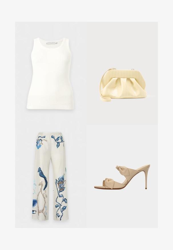 Débardeur blanc côtelé sans manches avec encolure ronde, coupe ajustée, et étiquette de la marque à l'intérieur du col arrière.; Pantalon beige à jambes larges avec des imprimés botaniques et d’oiseaux bleus, avec des feuilles et des branches détaillées et un oiseau perché sur une branche.; Mule beige à talon haut ouvert à l'avant avec deux brides nouées torsadées et un talon aiguille fin sur fond blanc.; Pochette en cuir couleur crème avec un cadre supérieur structuré et une lanière pour poignet, présentée sur un fond clair uni.