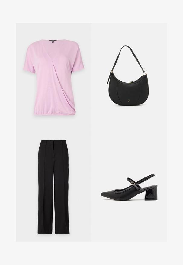 Rosa Kurzarm-Top mit V-Ausschnitt, versehen mit einem gerafften Seitendesign und einem glatten, leichten Stoff für einen taillierten Look.; Schwarze Hose mit geradem Bein, ausgestattet mit zwei vorderen Falten, einem Bund und ohne sichtbare Taschen oder Verzierungen.; Schwarze Lackleder-Slingback-Absätze mit spitzer Zehenform, einem runden Ausschnitt-Design und einem Blockabsatz. Mit einem goldfarbenen Schnallenakzent.; Schwarze Lederhandtasche mit geschwungenem Design, strukturiertem Material, vorderen Nähten und einem Logo in Goldtönen. Verfügt über einen einzelnen verstellbaren Tragegurt.