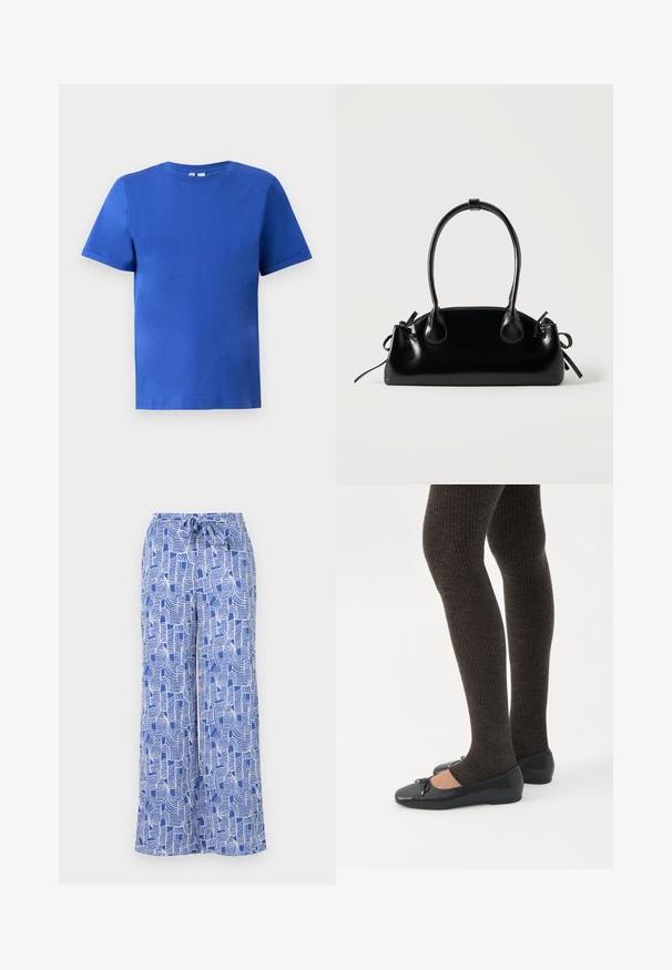 Camiseta de manga corta en algodón azul brillante, con cuello redondo y una textura suave sin patrones o acentos visibles.; Pantalones de pierna ancha de color azul con un patrón, que cuentan con una cinturilla ajustable, hechos de una tela ligera con diseños abstractos de líneas blancas.; Piernas con leggings oscuros acanalados combinados con bailarinas negras que presentan pequeños detalles de lazo sobre un fondo blanco.; Pequeño bolso negro brillante con dos asas largas y detalles de cordón lateral sobre un fondo claro liso.