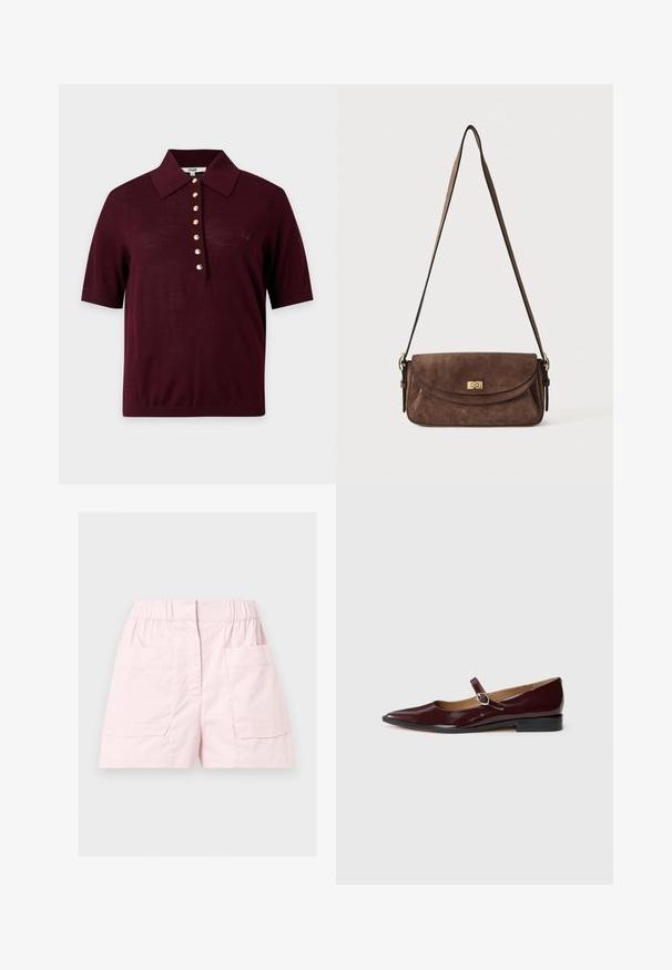 Polo à manches courtes couleur bordeaux foncé avec un col large et une rangée de sept boutons dorés au centre devant.; Shorts décontractés rose clair avec ceinture élastique, couture avant et deux grandes poches plaquées de chaque côté.; Ballerines en cuir verni bordeaux de type Mary Jane avec un bout pointu, un talon plat et une sangle décorative avec une boucle circulaire.; Sac bandoulière en daim marron avec une longue sangle réglable et une fermeture à tour dorée sur le rabat avant.