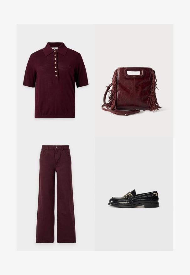 Donker bordeauxrood poloshirt met korte mouwen, een brede kraag en een rij van zeven gouden knopen middenvoor.; Bordeaux wijd-uitlopende jeans met een hoge taille, metalen knoopsluiting, voorzakken en een gladde, iets gestructureerde stof.; Zwarte leren instappers met een glanzende afwerking, voorzien van twee gouden gespen en een lage hak. Gladde textuur met een ronde neus.; Vierkante bordeaux leren handtas met uitgesneden handvat, zijfranjes en een verstelbare schouderriem op een effen achtergrond.