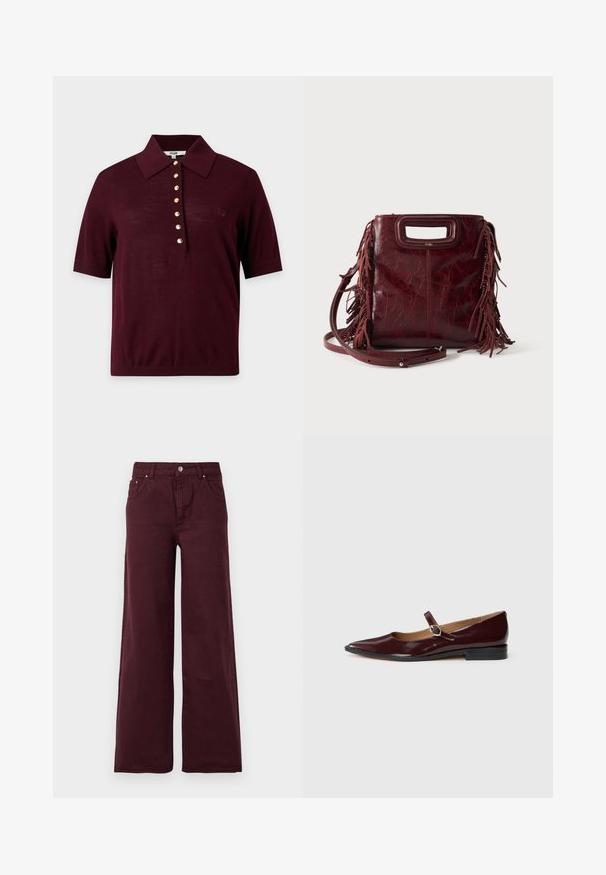 Polo à manches courtes couleur bordeaux foncé avec un col large et une rangée de sept boutons dorés au centre devant.; Jeans larges bordeaux avec taille haute, fermeture à bouton en métal, poches avant et un tissu lisse, légèrement texturé.; Ballerines en cuir verni bordeaux de type Mary Jane avec un bout pointu, un talon plat et une sangle décorative avec une boucle circulaire.; Sac à main carré en cuir bordeaux avec poignée découpée, détails de franges latérales et bandoulière réglable sur fond uni.