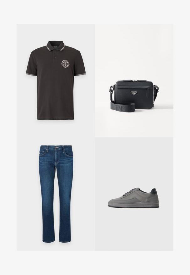 Sort kortærmet polo-shirt med tre knapper, hvid kant ved krave og ærmer samt en rund logo-patch på venstre bryst.; Mørkeblå denimjeans med lige ben-design, klassisk fem-lomme stil og en knaplukning i taljen. Glat tekstur.; Grå sneakers med tekstureret stof, glatte detaljer, rund tå og gummisål. Har kontrasterende mørk hælflap og snørebånd. Minimalistisk design.; Sort crossbody taske lavet af tekstureret materiale. Har en lynlåslukning, en frontlomme med lynlås og en metallogo akcent. Inkluderer justerbar rem.