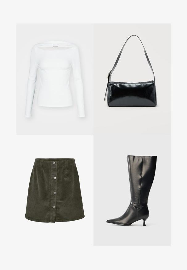 Top blanco de manga larga con escote cuadrado y detalle de corte abierto en la parte delantera, confeccionado en material acanalado. Diseño ajustado, textura suave.; Falda mini de pana en verde oscuro con forma de línea A, que cuenta con cinco cierres de botones plateados en la parte delantera y textura acanalada vertical.; Bota negra de cuero hasta la rodilla, con punta afilada y tacón bajo tipo kitten, mostrada sobre un fondo claro y sencillo.; Bolso de hombro rectangular negro con una correa ajustable y un cierre de cremallera superior sobre un fondo liso.