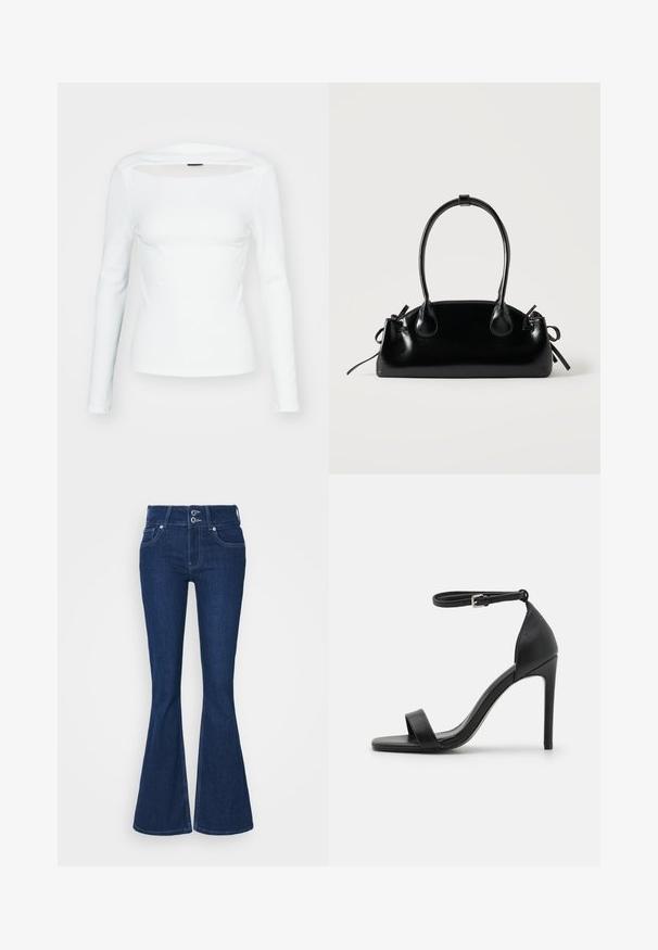 Haut à manches longues blanc avec décolleté carré et découpe à l'avant, fabriqué en matériau côtelé. Design ajusté, texture lisse.; Jean évasé bleu foncé à taille haute, avec deux boutons de fermeture et des poches avant. Fabriqué en denim avec des détails de couture visibles le long des coutures.; Sandale noire à talons hauts au design épuré, avec une bride au niveau de la cheville, un bout ouvert et une texture en cuir lisse.; Petit sac à main noir brillant avec deux longues anses et des détails à cordon sur les côtés sur un fond clair uni.