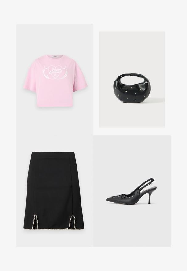Ροζ cropped T-shirt με λευκό σχέδιο καρδιάς και κείμενο "Chica Caliente" στο μπροστινό μέρος, με κοντά μανίκια και στρογγυλή λαιμόκοψη.; Μαύρη φούστα με εφαρμοστή γραμμή, διακοσμημένη με ασημένιες χάντρες κατά μήκος του τελειώματος και διακοσμητικές ανοίγματα στις πλευρές. Ομαλή υφή υφάσματος.; Μαύρο δερμάτινο slingback στιλέτο με μυτερή μύτη, πλευρική λουρίδα με κοπίτσα, τρουκς κατά μήκος της άκρης και διακοσμητική δέσιμο μπροστά.; Μαύρη δερμάτινη τσάντα χειρός με στρογγυλεμένο σχήμα, διακοσμημένη με ασημένιες λεπτομέρειες με καρφιά και κοντή λαβή. Λείο υλικό και κλείσιμο με φερμουάρ.