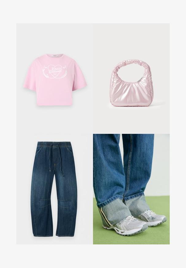 Camiseta corta de color rosa claro con diseño de corazón blanco y texto "Chica Caliente" en el frente, mangas cortas y escote redondo.; Pantalones vaqueros azules de pierna ancha con cintura elástica y cordón, bolsillos delanteros y detalles cosidos en las rodillas.; Zapatillas deportivas grises con material de malla y acentos blancos, combinadas con jeans de denim azul que tienen los tobillos remangados.; Bolso de mano acolchado en color rosa con un diseño redondeado, fabricado en material brillante. Presenta un asa fruncida y un cierre de cremallera para un acceso seguro.