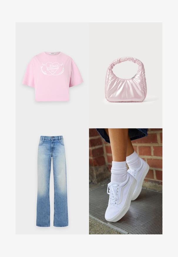 Lichtroze cropped T-shirt met een wit hartontwerp en de tekst "Chica Caliente" aan de voorkant, korte mouwen en een ronde halslijn.; Lichtblauwe hoge taille wijde jeans met een vervaagd uiterlijk. Beschikt over vijf zakken en een knoopsluiting aan de tailleband.; Witte canvas sneakers met rubberen zolen, voorzien van zes vetertjes, een ronde neus en lichte stikdetails, gecombineerd met witte enkelsokken.; Roze, gevoerde handtas met een afgeronde vorm, gemaakt van glanzend materiaal. Beschikt over een geplooide handgreep en een ritssluiting voor veilige toegang.