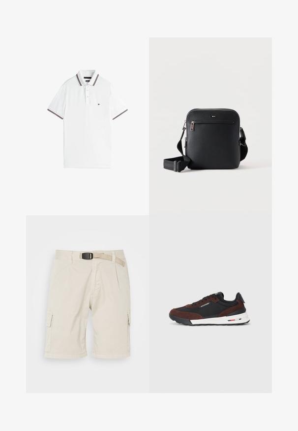 Weißes Polohemd mit kurzen Ärmeln, ausgestattet mit einer Drei-Knopf-Leiste und schwarz-roten gestreiften Akzenten am Kragen und den Ärmeln.; Beige Cargo-Shorts mit flachem Bund, Gürtelschlaufen, Falten, Seitentaschen und einem strukturierten Stoff. Die Länge reicht bis zur Mitte des Oberschenkels.; Tommy Hilfiger RETRO RUNNER MIX - Sneaker low - black/cocoa; Schwarze Leder-Umhängetasche mit vorderer Reißverschlusstasche und verstellbarem Riemen auf weißem einfarbigem Hintergrund.