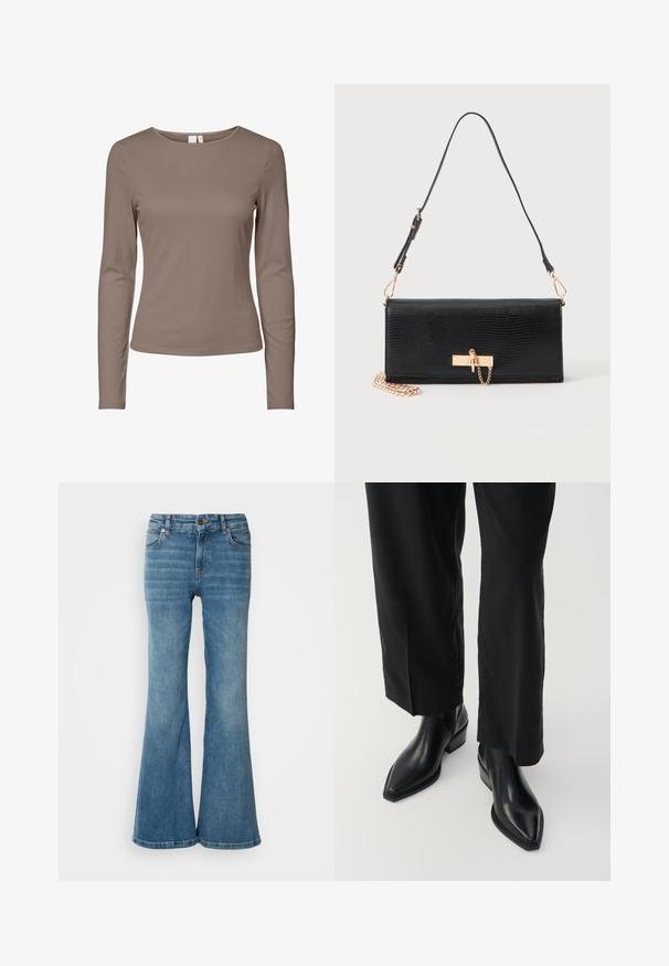 Langärmliges, eng anliegendes T-Shirt mit Rundhalsausschnitt in einfarbigem Taupe, schlichtem Design und geripptem Stoff.; Hellblaue, weit geschnittene Jeans aus Denim, mit fünf Taschen, sichtbaren Nähten und einem Knopf- sowie Reißverschlussverschluss an der Taille.; Schwarze Leder-Ankle-Boots mit spitzer Zehe, glatter Textur und quadratischem Absatz. Kombiniert mit schwarzen, weiten Hosen, die eine elegante Silhouette erzeugen.; Schwarze rechteckige Handtasche mit strukturiertem Muster, goldener Schnalle und Kettendetail sowie einem dünnen verstellbaren Schulterriemen.