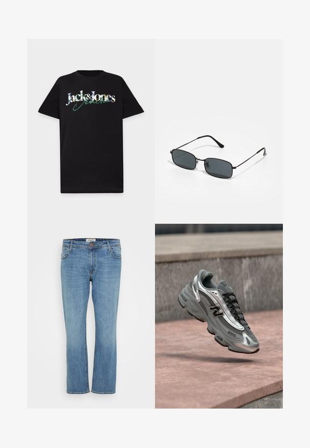 Sort t-shirt med korte ærmer og et farverigt "Jack & Jones Denim"-logo centreret på brystet.; Blå straight-leg denim jeans med knap- og lynlås, for- og baglommer samt synlig syning på hvid baggrund.; Grå og sølvfarvet New Balance-sneaker mærket "1000", der svæver over en rosafarvet stenet overflade med en grå stenvæg i baggrunden.; Sorte solbriller med metalramme, rektangulære mørke linser, tynde stænger og justerbare næsepuder. Letvægtsdesign med minimal hardware.