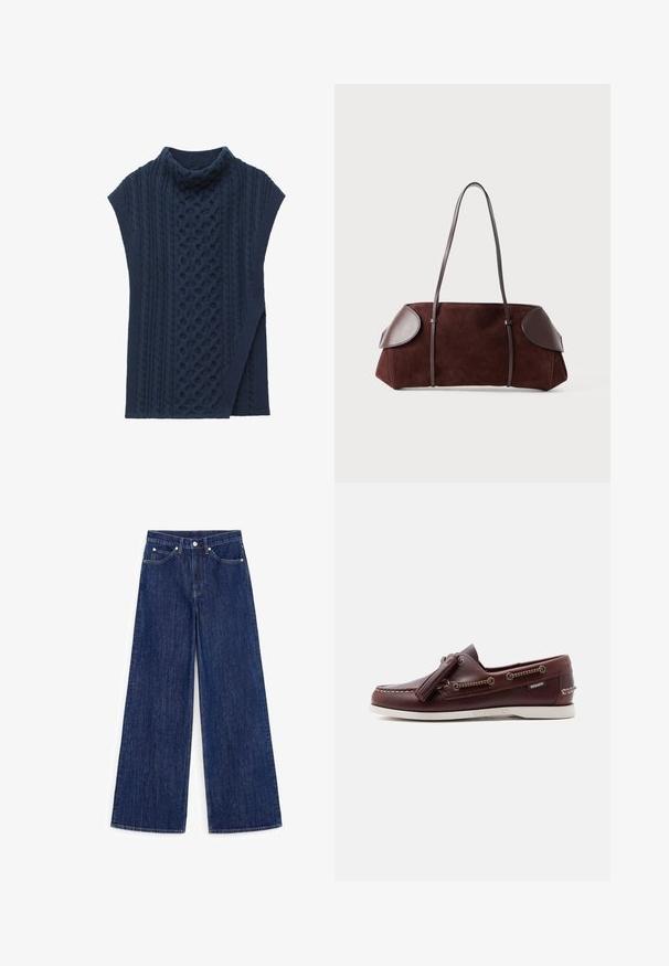 Poncho sans manches tricoté bleu foncé avec des motifs torsadés et un col roulé ample, présenté à plat sur fond blanc.; Jean bleu foncé à jambe large avec bouton au devant, fermeture éclair et design à cinq poches sur fond blanc.; Mocassin en cuir marron avec pompons, couture moc toe, détail de laçage latéral et semelle en caoutchouc blanche sur fond uni.; Sac en daim marron avec des accents en cuir, forme structurée, double poignées, bords arrondis, présentant une texture lisse et un matériel minimal.