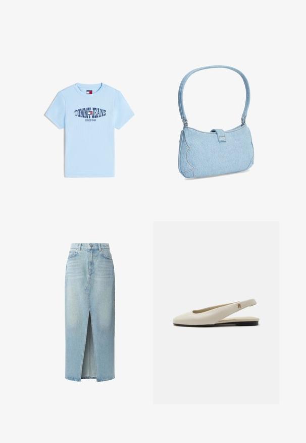 Lichtblauw geribd T-shirt met korte mouwen, bedrukt met de tekst "TOMMY JEANS", een rood-wit-blauw vlaglogo en "SINCE 1985" op de voorkant.; Lichtblauwe denimrok met een voorknijp, vijf zakken en riemlussen. Gemaakt van katoen met een soepele textuur en een lichte vervaging.; Crèmekleurige leren slingback platte schoen met ronde neus en klein gouden embleem op het bandje.; Kleine lichtblauwe denim schoudertas met geschulpte zijkanten en een enkele schouderband, afgesloten met een klep aan de bovenkant in het midden.
