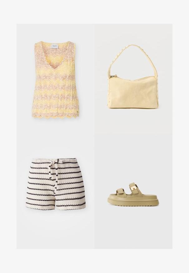 Ærmeløs strikket vest med V-udskæring i gul og beige gradient, med en bølget kant og chevron blonde mønster.; Strikkede shorts i creme med sorte striber. Har en elastisk talje med snøre og et tekstureret stof. Kort længde, afslappet design.; Beige slidesandaler med to justerbare stropper og en guldfarvet spænde. Fremstillet af glat syntetisk materiale. Tekstureret gummisål.; Lille beige læderhåndtaske med en enkelt rem og sølvnitter langs kanterne og remmen, sat mod en ensfarvet baggrund.