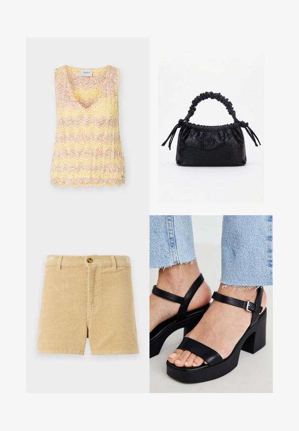 Ærmeløs strikket vest med V-udskæring i gul og beige gradient, med en bølget kant og chevron blonde mønster.; Khaki corduroy shorts med et tekstureret ribbet mønster, med frontlukning med knap og to sidelommer. Klassisk lige snit design.; ALDO CELIE - Højhælede sandaletter / Højhælede sandaler - black; Sort taske med krokodilletekstur, rynket øverste kant, samlet hank og snore med kvaster på hver side mod en hvid baggrund.