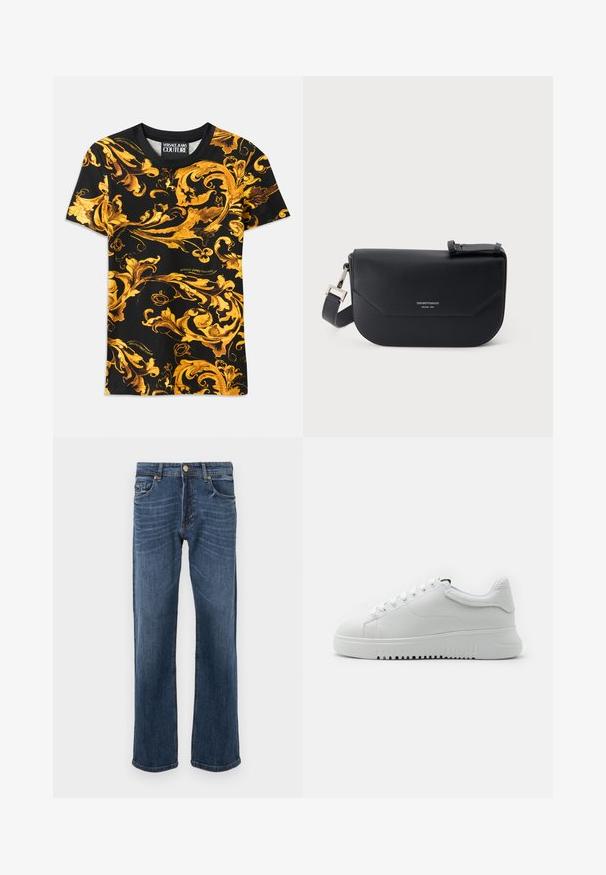 T-shirt noir avec un motif baroque doré complexe, présentant des designs en volutes. Fabriqué en coton, à manches courtes, avec un détail de logo sur l'ourlet.; Jean en denim bleu marine avec une coupe droite, doté de cinq poches et d'une fermeture à bouton métal. Texture lisse avec des détails de décoloration légère.; Baskets blanches avec une tige en cuir texturé, bout rond et lacets. Semelle en caoutchouc blanc épaisse avec un motif de traction texturé.; Sac bandoulière en cuir noir Emporio Armani avec fermeture à rabat et sangle réglable, logo embossé et texte Milano 1981 à l'avant.