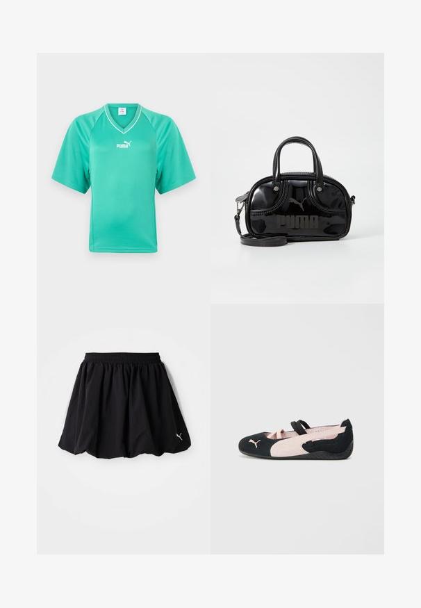 Maillot de sport turquoise à manches courtes avec col en V et logo Puma blanc centré sur la poitrine, sur fond uni.; Jupe de sport noire avec une taille élastique, ornée de panneaux blancs sur les côtés et d'un petit logo au bas. Fabriquée en tissu léger.; Ballerines en suède noir et rose clair avec des sangles élastiques, un bout arrondi et une semelle en caoutchouc texturée, arborant un petit logo à l'avant.; Sac à main en cuir verni noir avec des poignées supérieures doubles, une bandoulière amovible, une forme arrondie et un logo "PUMA" en relief bien visible.