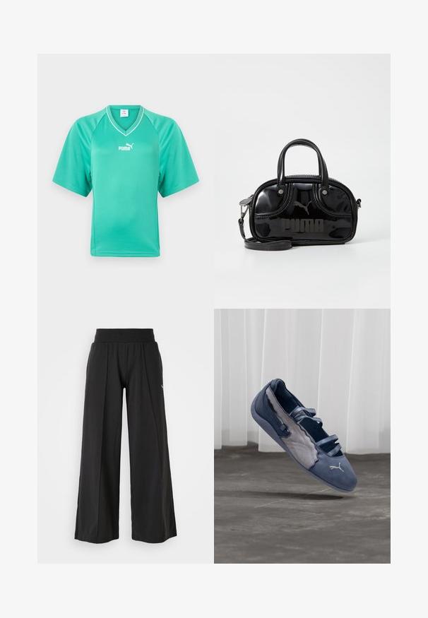 Camiseta deportiva turquesa de manga corta con escote en V y logo blanco de Puma centrado en el pecho sobre un fondo liso.; Pantalones de pierna ancha negros con una tela texturizada, cintura elástica y detalle del logo de PUMA. Diseño simple con un ajuste casual.; Zapato plano Puma azul y gris con tres tiras elásticas, panel lateral texturizado y logo blanco de Puma, suspendido sobre un suelo de hormigón.; Bolso de mano de charol negro con dos asas superiores, correa para el hombro desmontable, forma redondeada y destacado logo en relieve de "PUMA".