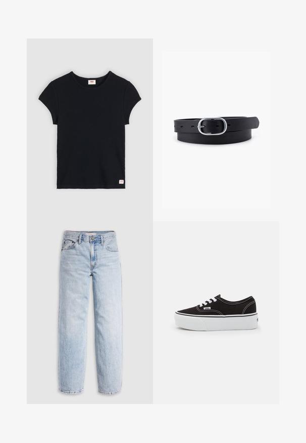 Sort ribbet kortærmet t-shirt med rund hals og et lille mærke i nederste venstre hjørne. Lavet af bomuldsstof, struktureret overflade.; Lyseblå denimjeans med høj talje, afslappet pasform, lige ben og et klassisk design med fem lommer. Synlige falmede detaljer og syninger.; Sort lærred sneakers med en hvid gummi platform sål, der har hvide snørebånd og syninger, ikonisk branding på siden, lav-top design.; Sort læderbælte med en glat overflade, oval sølvmetalspænde og flere justeringshuller langs stroppen. Flad, minimalistisk design.