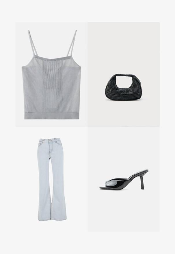 Lichtgrijze cami-top met dunne bandjes, voorzien van een geribbelde textuur in het midden en gladde stof aan de zijkanten, zoomranden en een aansluitend ontwerp.; Lichtblauwe flared jeans van denim met een hoge taille, vijf zakken en contrasterende stiksels langs de naden.; Glanzende zwarte mule met open teen, een vierkante hak van gemiddelde hoogte en een gebogen riem over de voorkant op een witte achtergrond.; Zwarte geweven hobo-tas met een zachte structuur en geïntegreerd handvat, weergegeven op een effen lichte achtergrond.